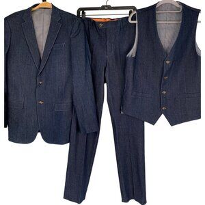 Mens Vitarelli 3-Piece Denim Suit 38L Jacket 32L Pants Blue RHH10573 EUC Italy